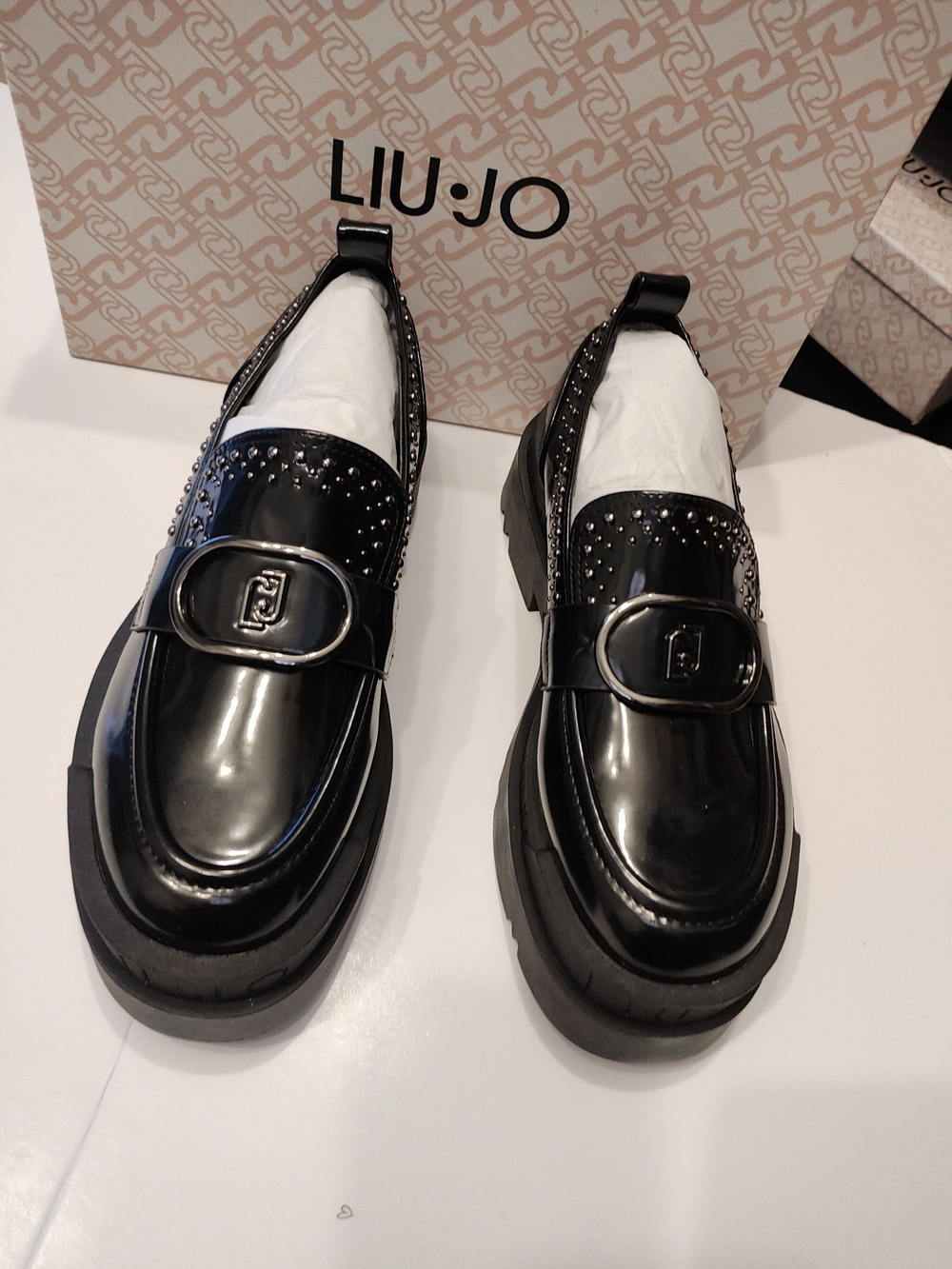 Liu Jo Men’s Black Patent Leather Loafers with Stud Detail